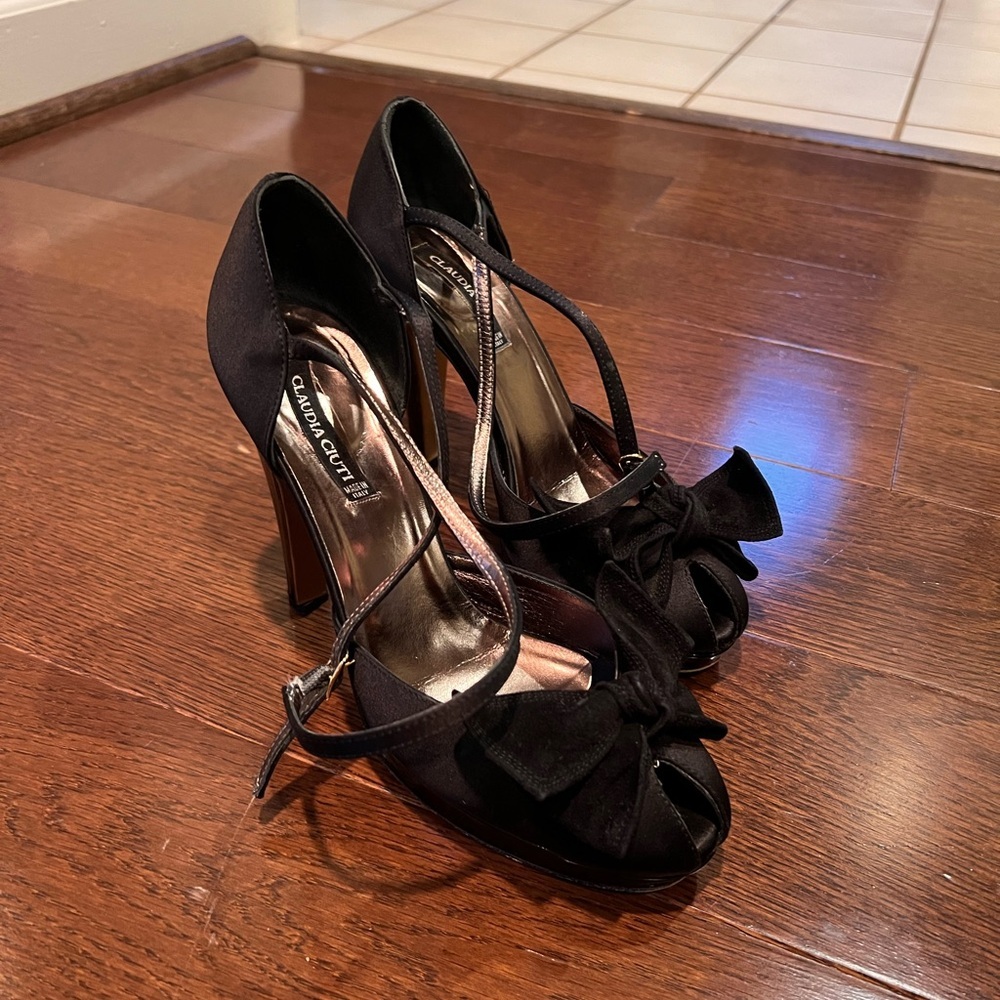 Vintage Claudia Cuiti Black Peep-Toe Heels with Bow - Made in Italy - Picture 11 of 12